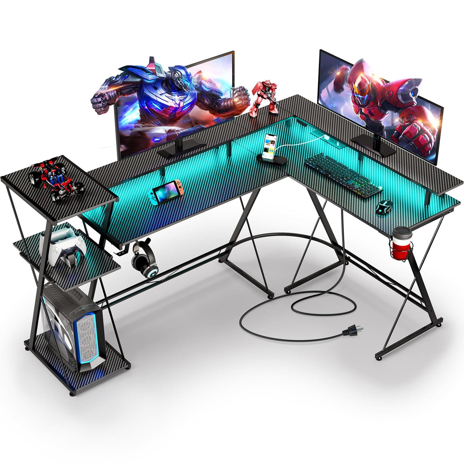 SEVEN WARRIOR L Shaped Gaming Desk with LED Lights & Power Outlets, 58” Reversible Computer Desk with Storage Shelf & Monitor Stand, Corner Desk with Cup Holder, with Headphone Hook, Black