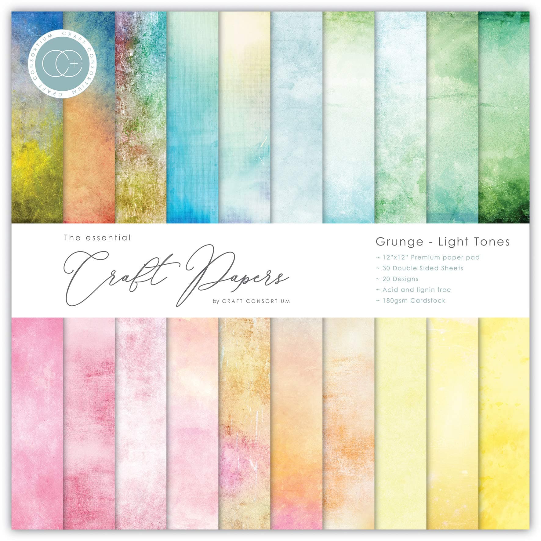 Double-Sided Paper Pad 12"X12" 30/Pkg-Grunge-Light Tones, 20 Designs, Multi