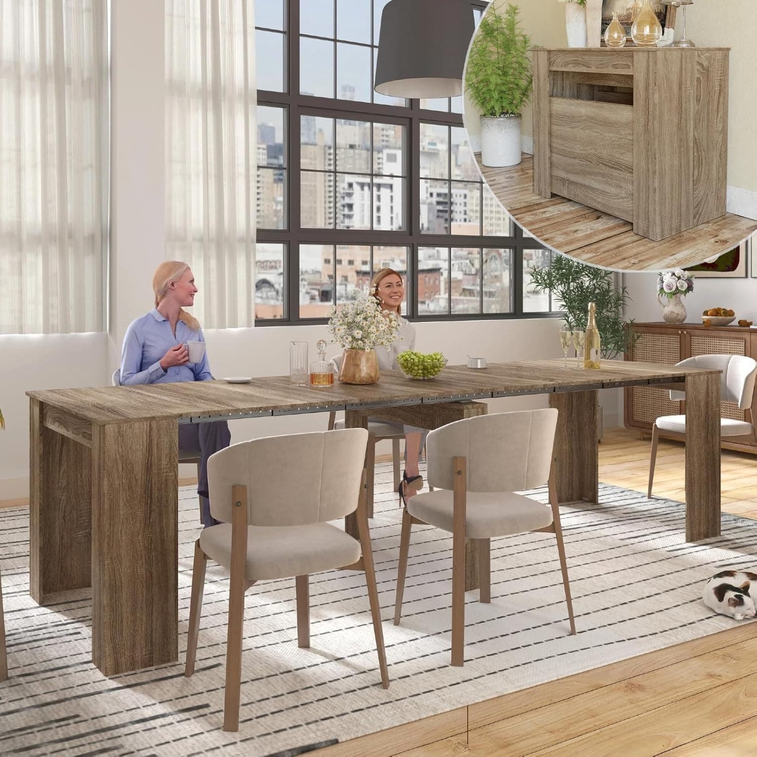 WERSMT Large Dining Table for 8-10 People, 20"-118" Farmhouse Expandable Tables for Small Spaces, Wooden Rectangular Murphy Dining Table for Kitchen, Gray