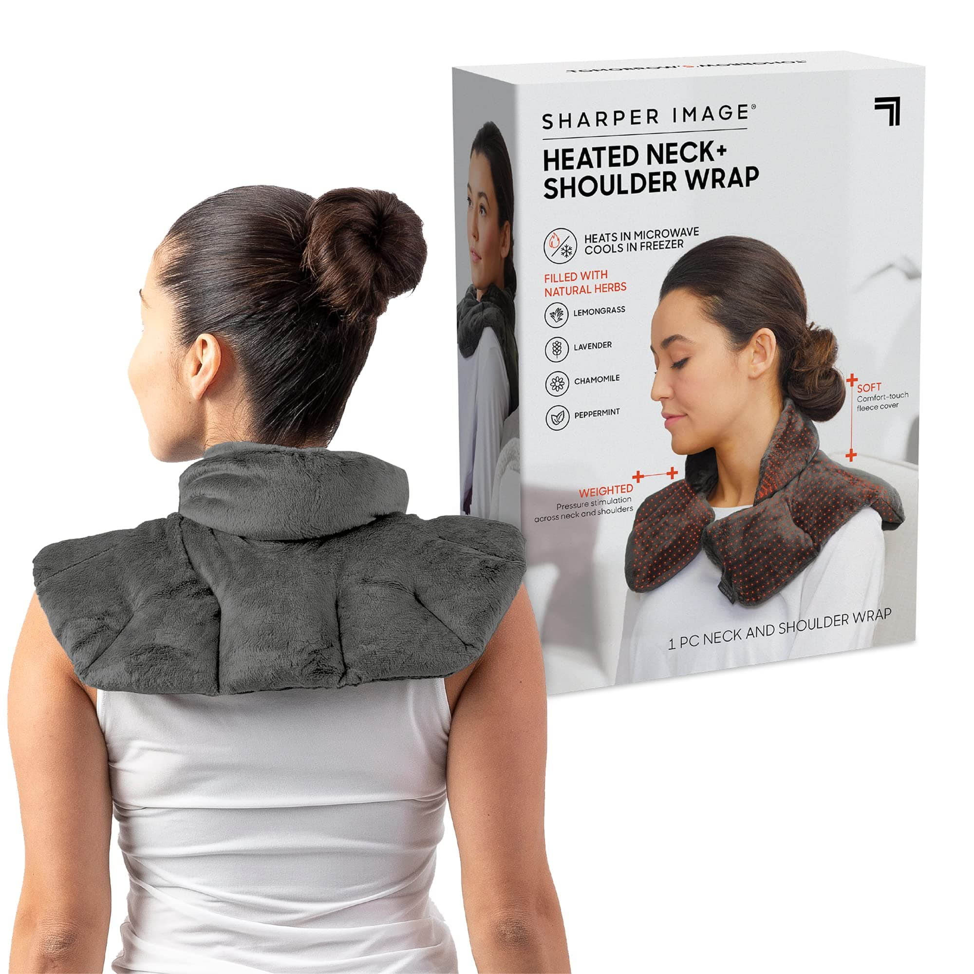 - Sharper Image Heated Neck & Shoulder Wrap - Microwavable Warm & Cooling Plush Pad, Scented Aromatherapy (100% Natural Lavender & Herb Spa Blend), Pain Tension Headache Relief Therapy, Gift for Women