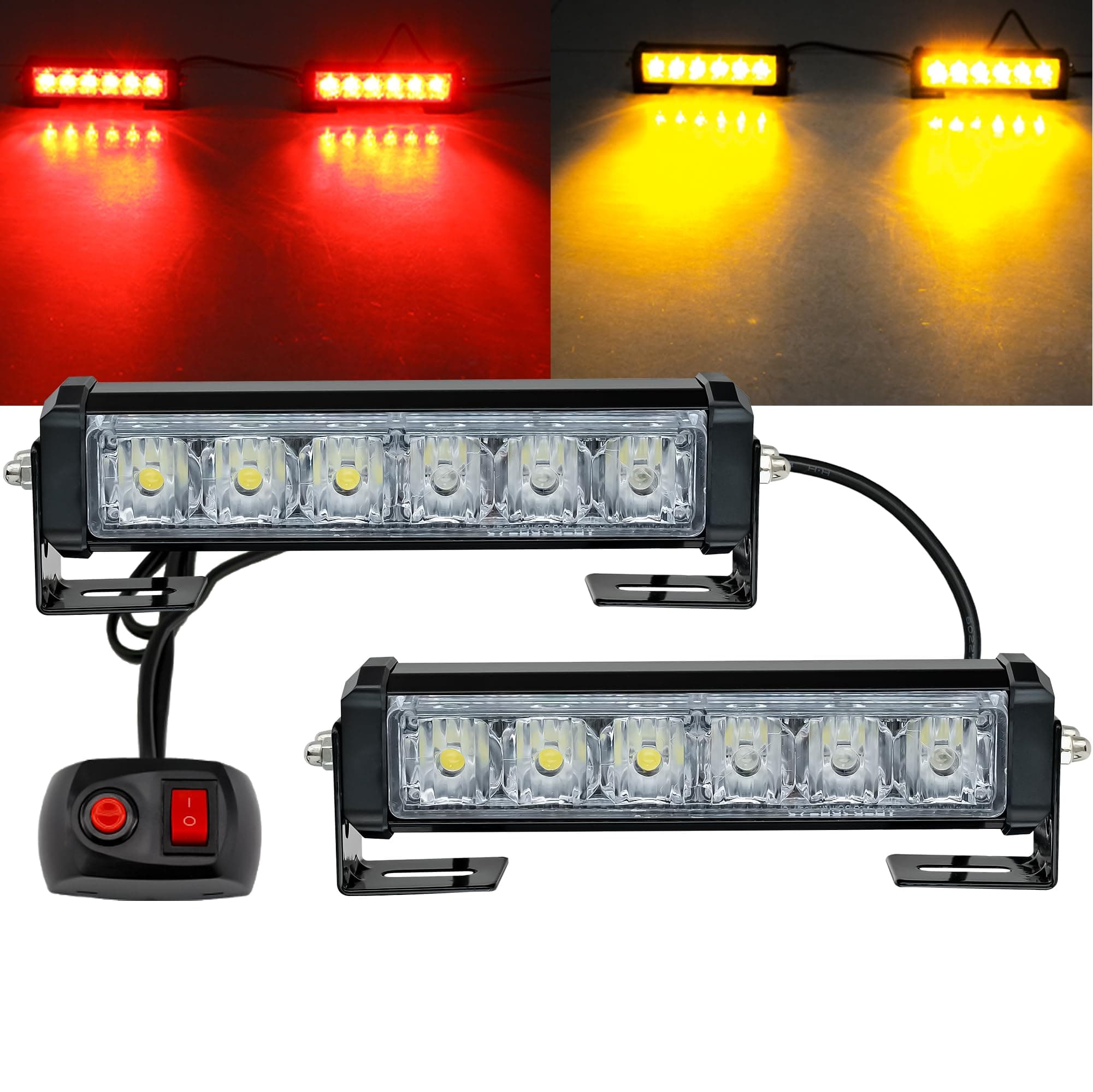 STDYSUN LED Emergency Strobe Lights Bar 2Pcs Red Yellow Double Color Warning Police Grille Lights Bar Surface Mount Fit for Motorcycle POV Utility Vehicle Construction Vehicle and Tow Truck Van