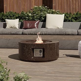 SUNBURY Outdoor Fire Pit, 28 inches Round Propane Gas Patio Fire Table 40,000 BTU Concrete Travertine Design, Circular Base Small Firepit with Lava Rocks, Waterproof Cover (Dark Brown)