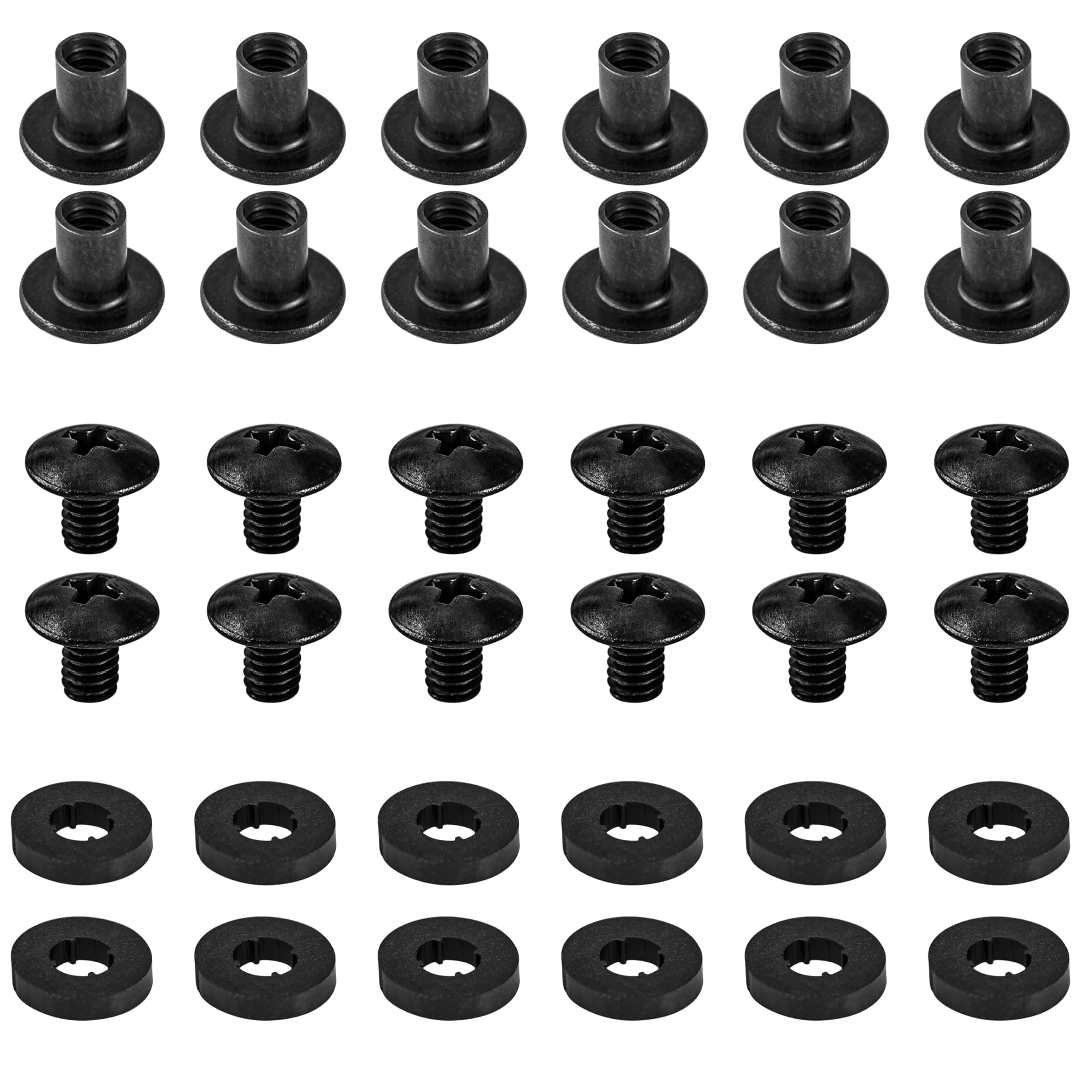 Black Chicago Screws, 12 Sets - for DIY Kydex and Leather Gun Holsters/Clips and Knife Sheaths, 1/4 Inch, Includes Phillips Truss Heads + Open Slotted Fasteners + Rubber Washers/Spacers