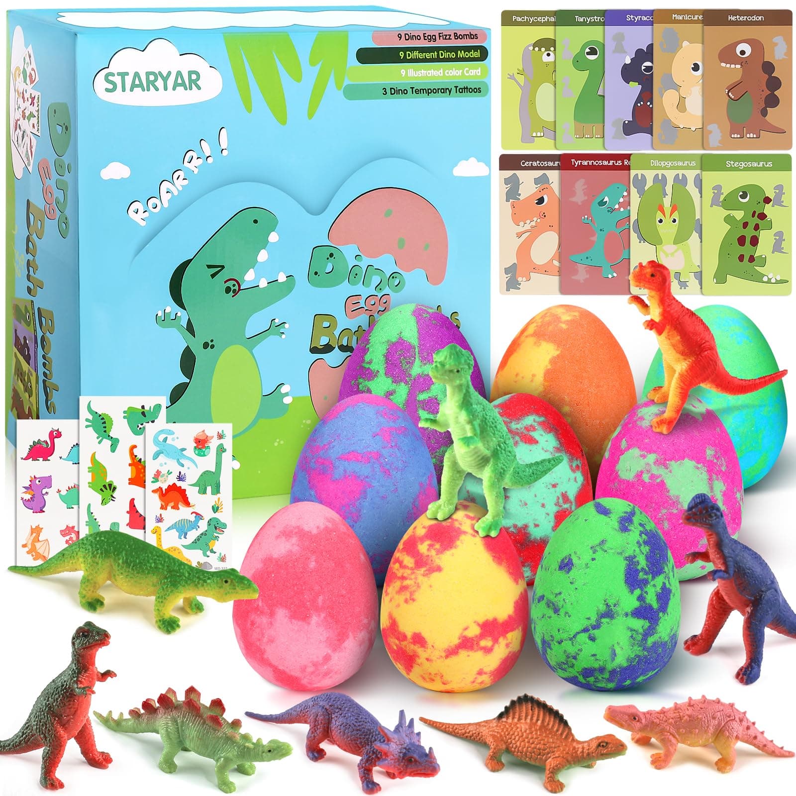 Bath Bombs for Kids with Surprise Toys Inside - 9 Pack Dinosaur Bath Bombs Gift Set, Dinosaur Toys for Kids 3 4 5 6 7 8 9 Years, Birthday Gifts for Kids, Bubble Bath Fizzes Bath Toy