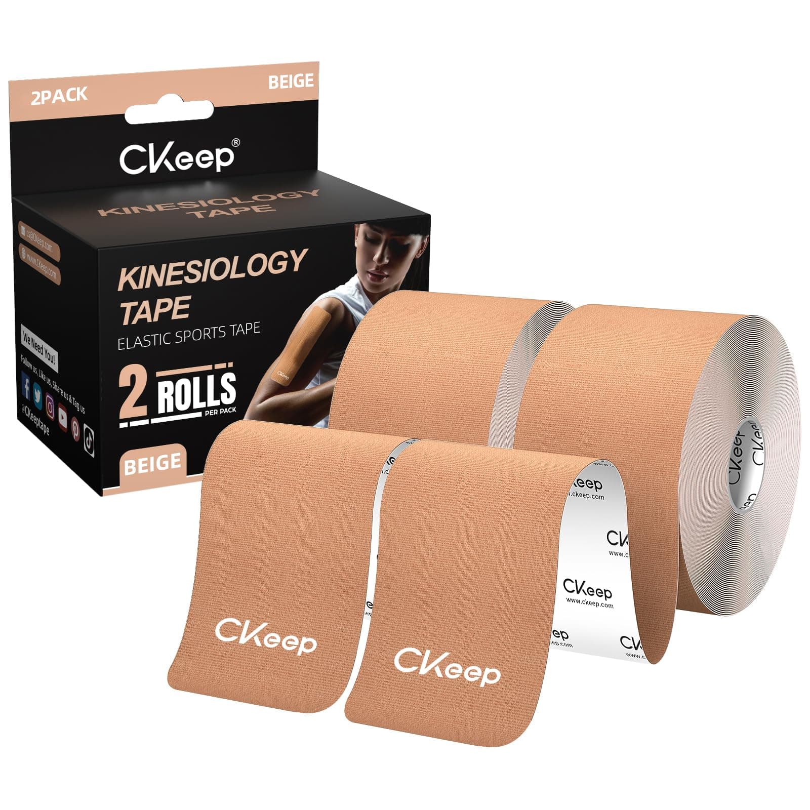Uncut Kinesiology Tape(2 Rolls), Original Cotton Elastic Premium Athletic Tape,Latex Free Hypoallergenic, 2inch x 16ft, Beige