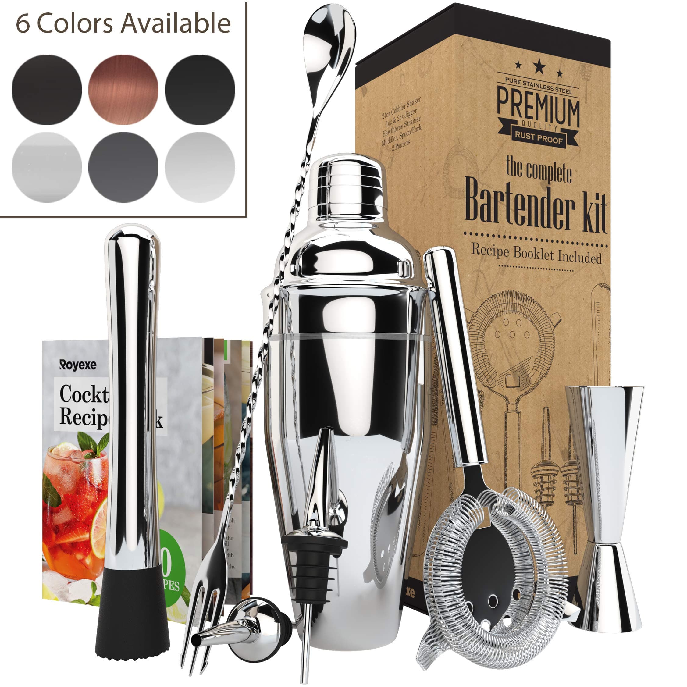 All-inclusive Bar Set | Professional Home Bartender Cocktail Shaker Set | Includes a Recipe Book & All Necessary Bar Tools and Accessories | Impressive Gift for Men! (Silver)