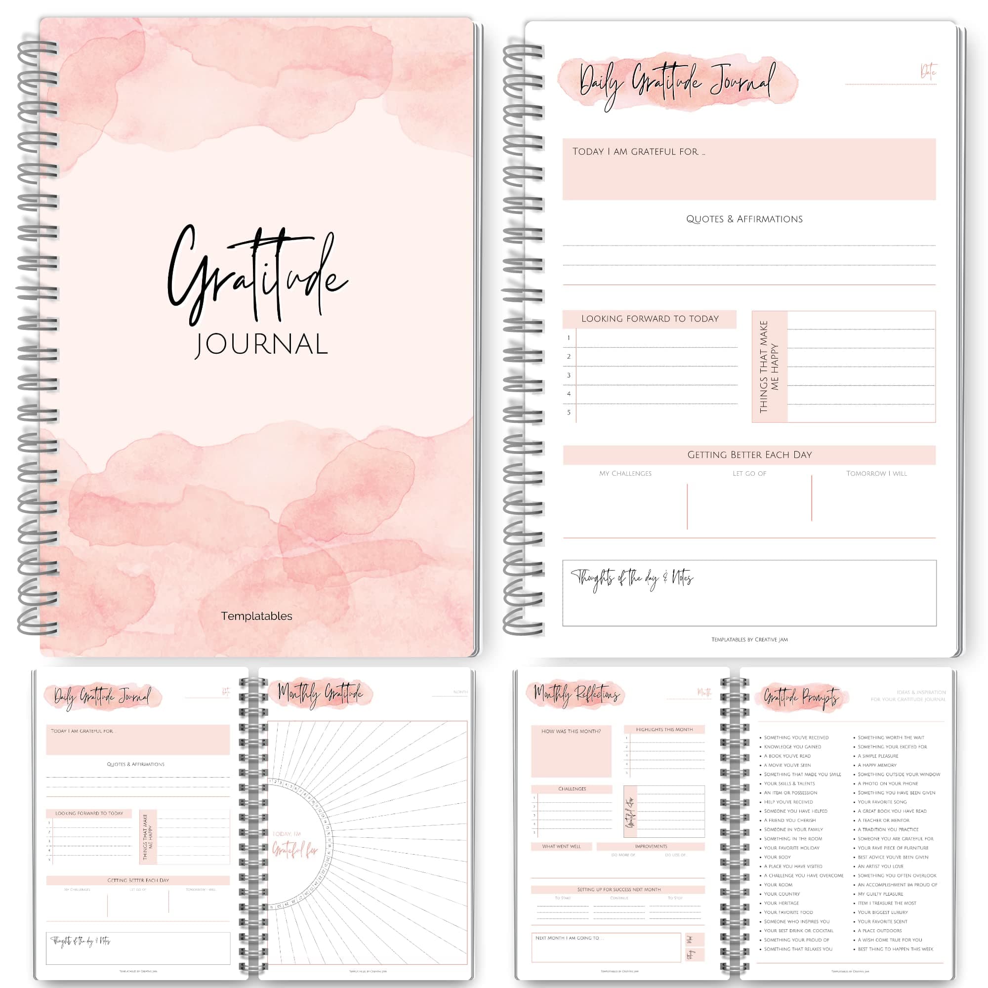 Gratitude & Mindfulness Journal | 90 Day Gratitude Template, Self Care Planner, Positivity Diary, Daily Journal, Gratitude Jar, Wellness, Manifestation Journal | A5 (Pink Watercolor)