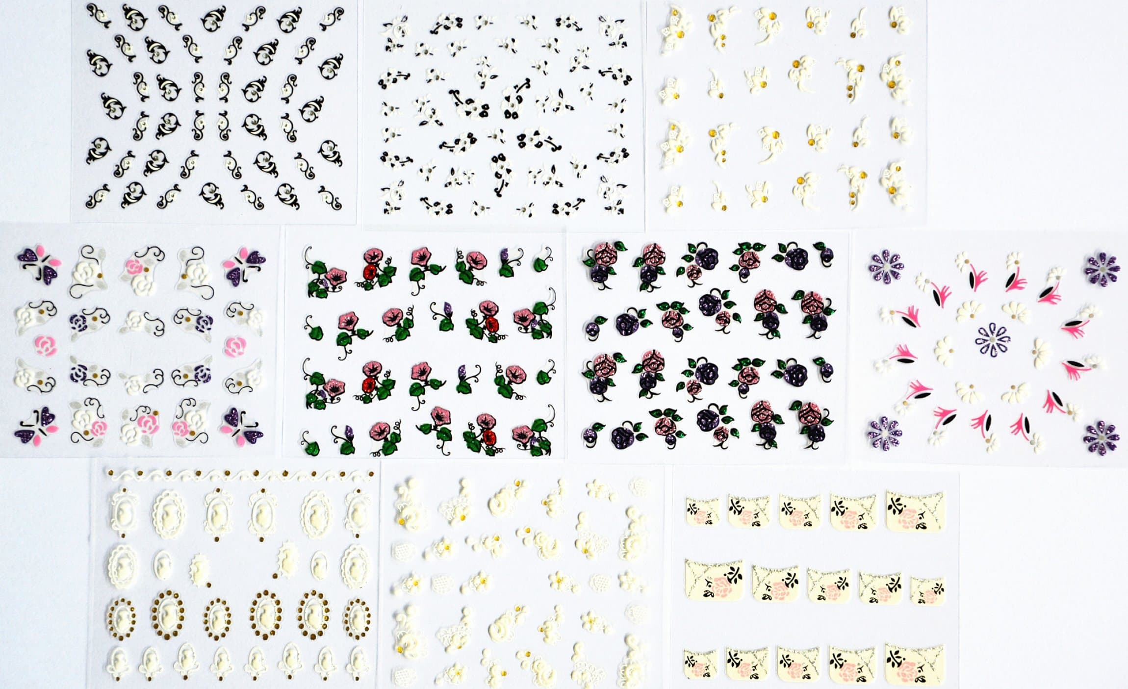 10pcs/package nail stickers decals multi mix designs including glitter Morning Glory/glitter roses/black and white flowers/white flowers with gold/colorful flowers/french semi-paste nail decals stickers/etc.