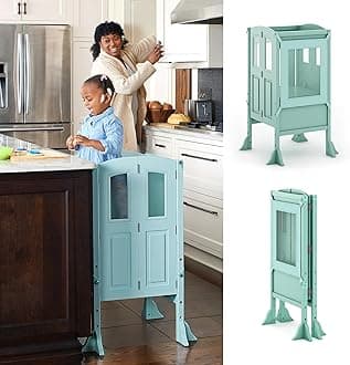 Martha Stewart Kitchen Helper ® Toddler Tower - Mint: Premium Kids Wood Foldable Kitchen Platform, Adjustable Height Safety Step Stool for Toddlers with Non-Slip Mat, Mostly Assembled