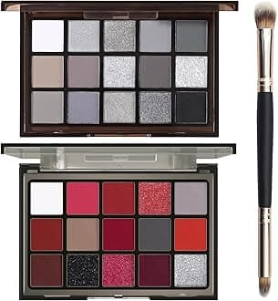 2pcs Halloween Eyeshadow Palette Makeup Set, Black Red Colors Shimmer Matte Metallic Smokey Dark Eye Shadow Pallet with Soft Brush Kit, Goth Eye Make Up for Costume Joker Clown Vampire
