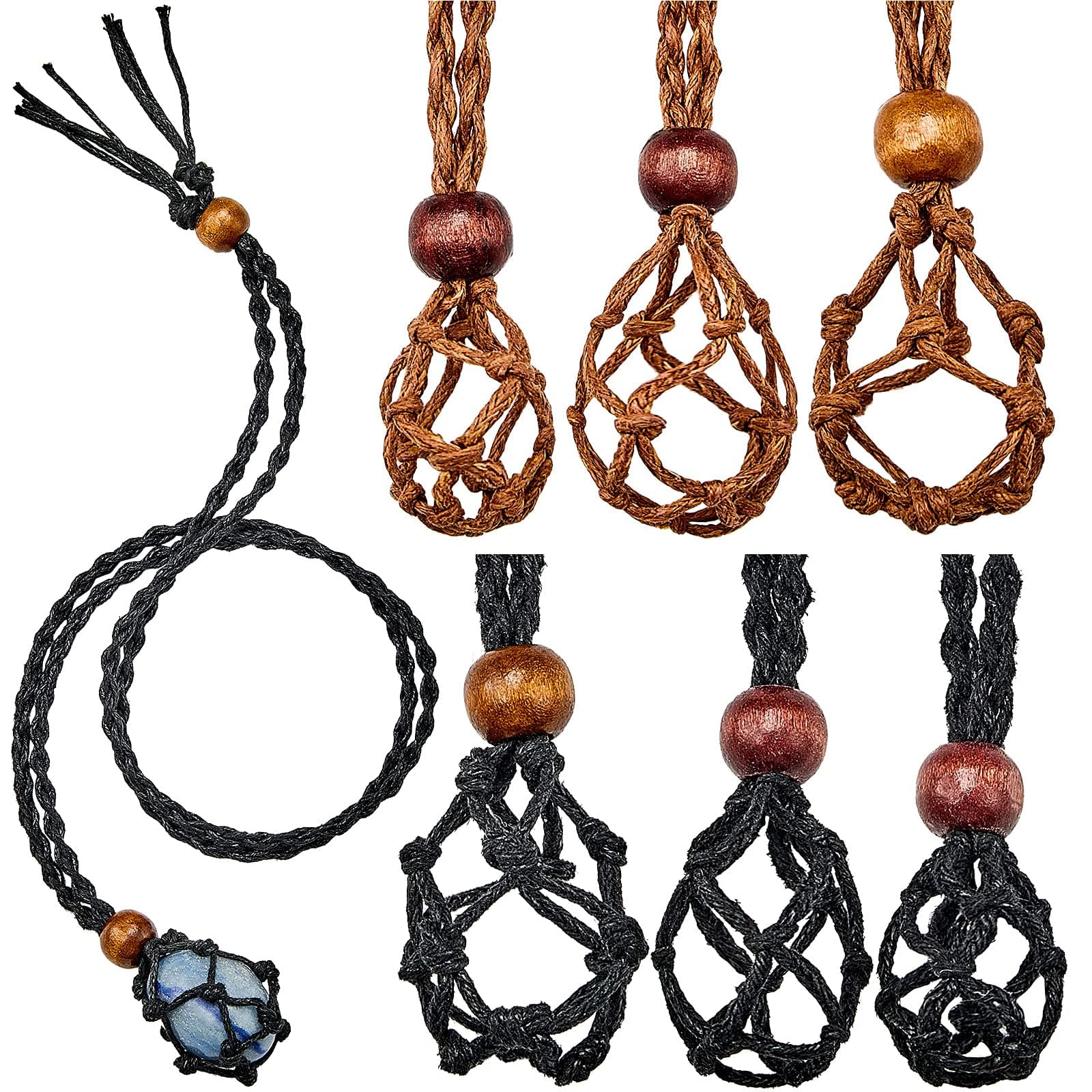 Hicarer 6 Pieces D20 Necklace Cord Empty Stone Holder Empty Necklace Holder Quartz Crystal Stone Cord, 3 Sizes Adjustable Cage Fish Netted for DIY Jewelry Making(Black,Brown)