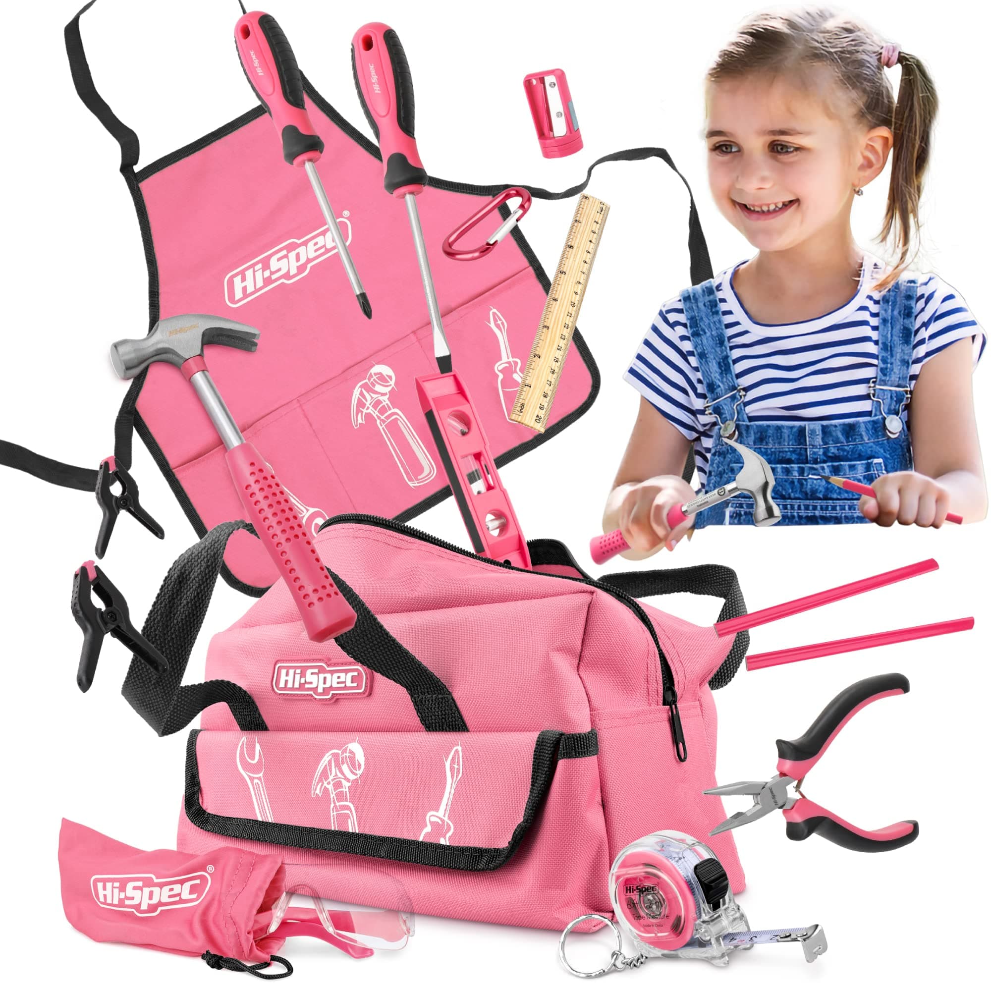 Hi-Spec 18 Piece Kid's Pink Tool Kit Set with Tool Bag. Real Metal DIY Hand Tools for Children & Starters Including Work Apron, Dust Glasses & More