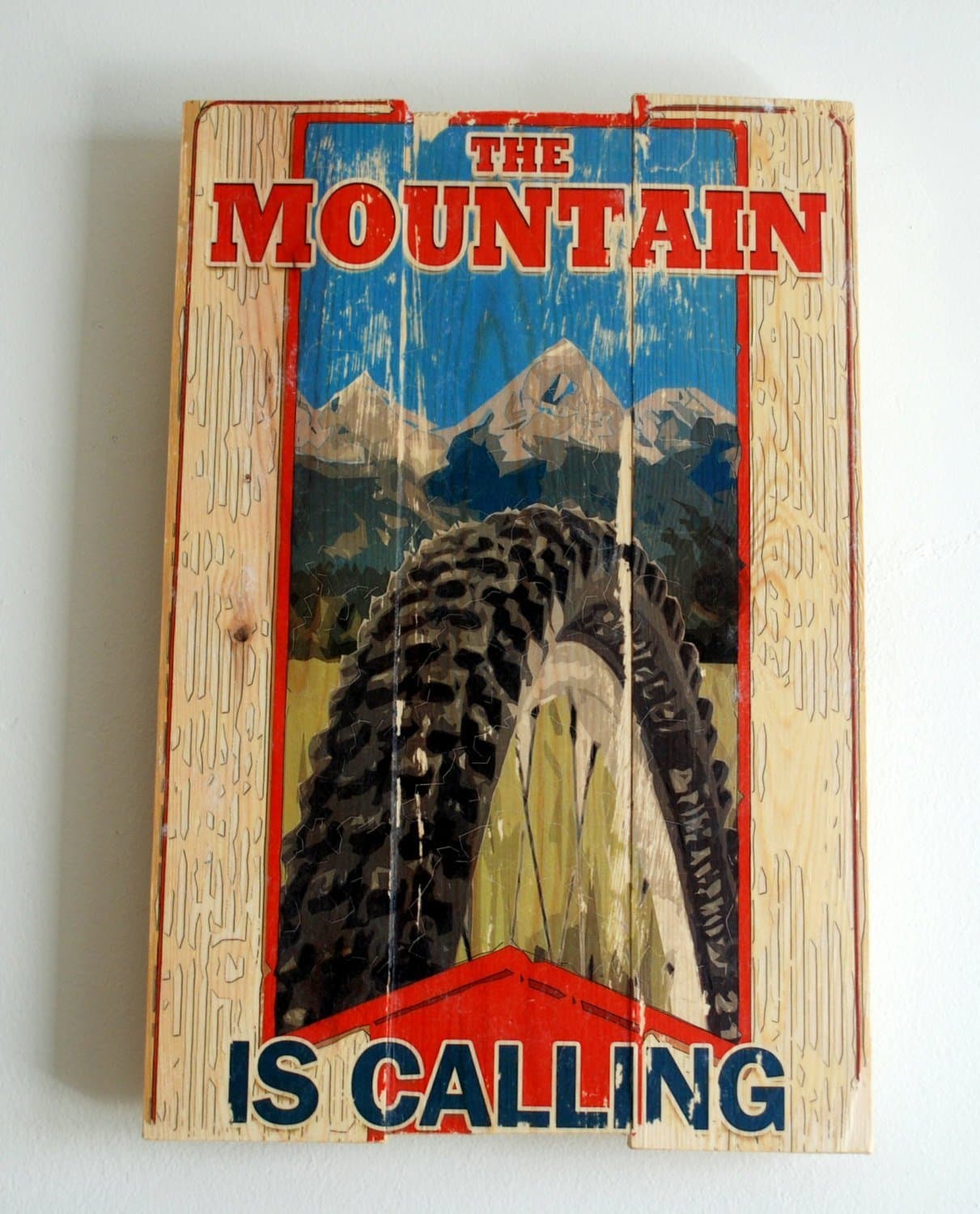 Original Mountain Bike Poster Wall Art on Solid Wood Boards - The Mountain is Calling