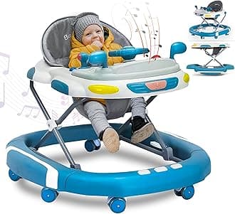 2 in 1 Foldable Baby Walker & Rocker - Multifunctional with 4 Adjustable Heights, Removable Feeding Tray, Music & Silent Wheels - Baby Walker for Boys & Girls 6 Months+ (Blue)