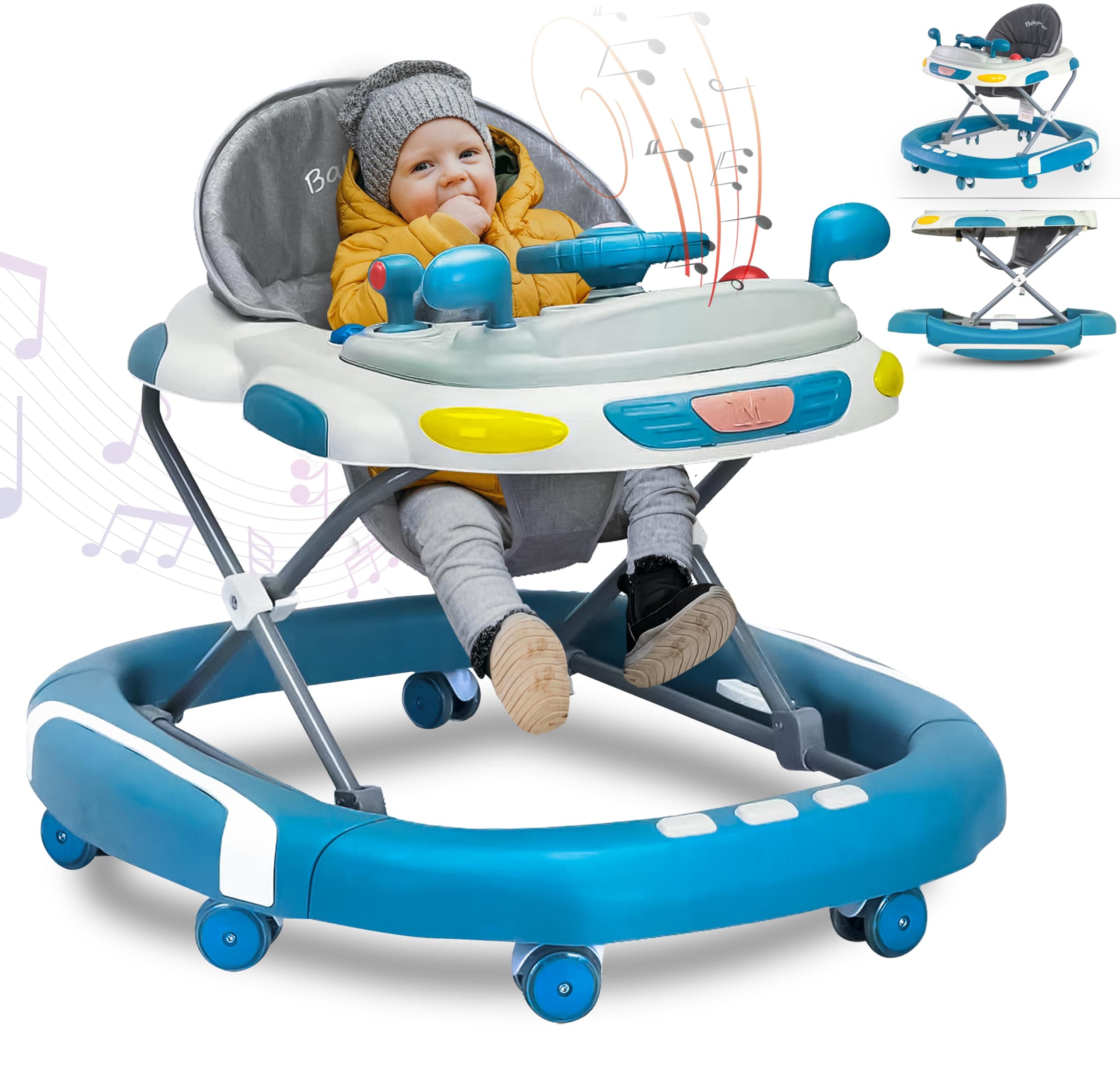 2 in 1 Foldable Baby Walker & Rocker - Multifunctional with 4 Adjustable Heights, Removable Feeding Tray, Music & Silent Wheels - Baby Walker for Boys & Girls 6 Months+ (Blue)