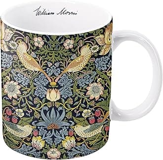 RainCaperLarge Porcelain Fine Art Coffee and Tea Mug for Home and Office, 11 Oz, Dishwasher and Microwave Safe (William Morris Strawberry Thief)
