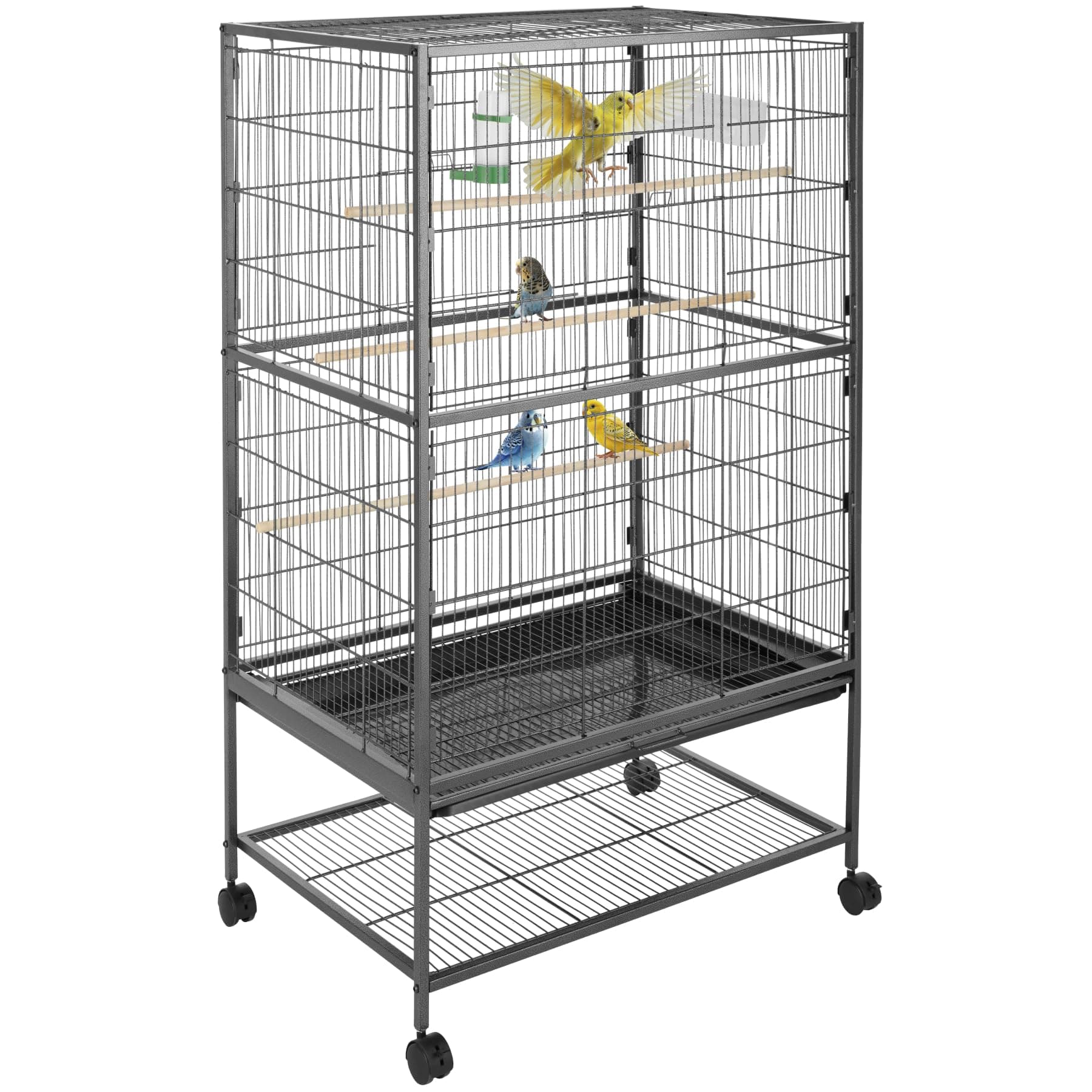tectake® Large Bird Cage on Wheels with 2 Sliding Doors & Built-In Sand Tray, Incl. Feeding Station, Water Dispenser & 3 Perches, Ideal as Cockatiel & Parrot Cage - 78 x 52 x 131 cm