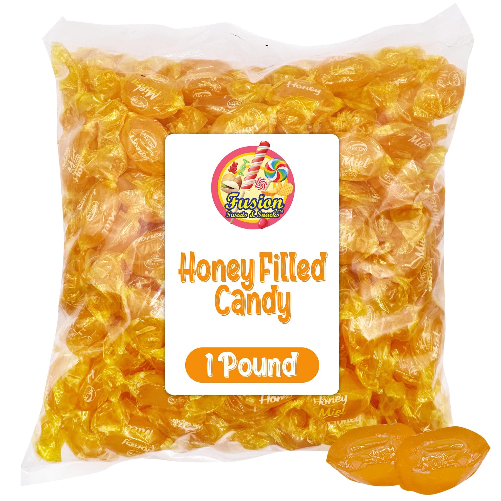Honey Filled Hard Candy - Individually Wrapped Honey Hard Candy - 1 Pound Bulk Bag (Approx. 90 Pieces) - Soft Honey Center