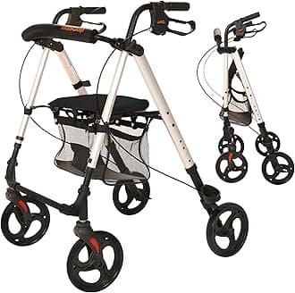 Lightweight 4-Wheel Aluminium Rollator with Seat, 6.4kg - Silver Frame with Black Seat - Folding Mobility Walker with Basket, Loop Brakes, Walking Stick Holder - Height Adjustable