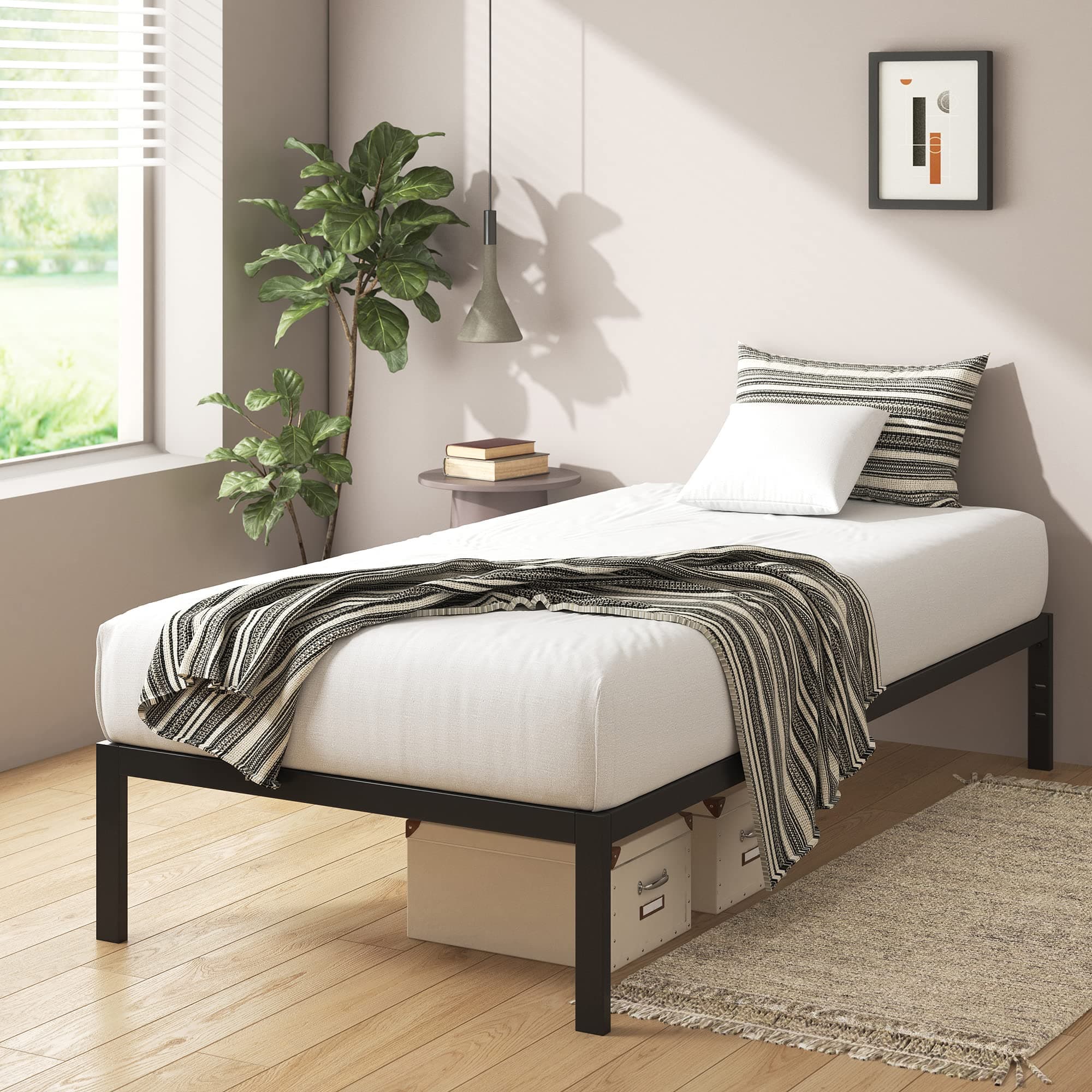 Mia Metal Platform Bed Frame, Wood Slat Support, No Box Spring Needed, Easy Assembly, Black, Twin