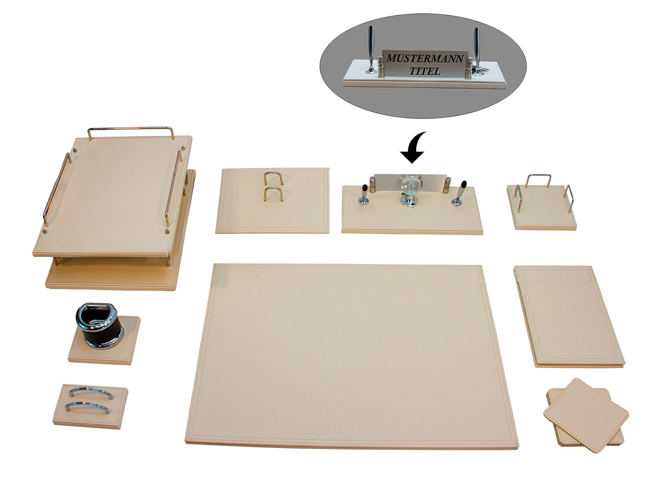 Bello Luxury Leather Office Organiser - Desk Set - Desk Mat with Document Storage & Name Plate 51 x 38 cream