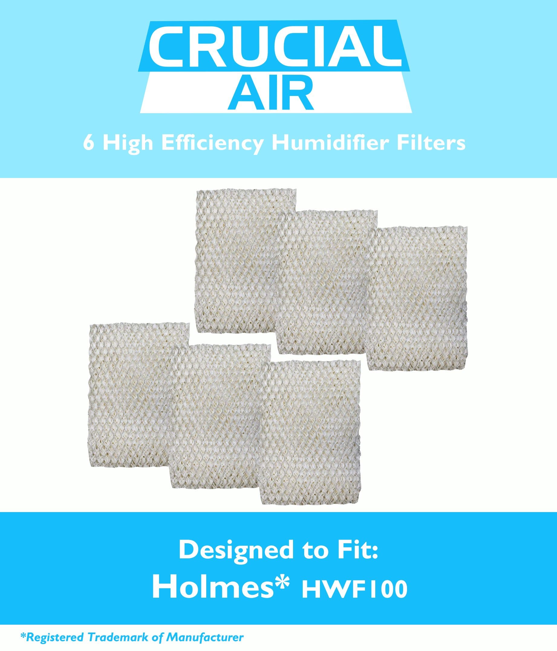 Crucial Air Replacement Humidifier Filter- Compatible with Holmes Part # HWF-100 - Fits HM7204, HM7305, HM7305RC, HM7306, HM6000, HM6000RC, HM6600, HM6005HD, HM729, HM4600, HM630 6 Pack HWF-100