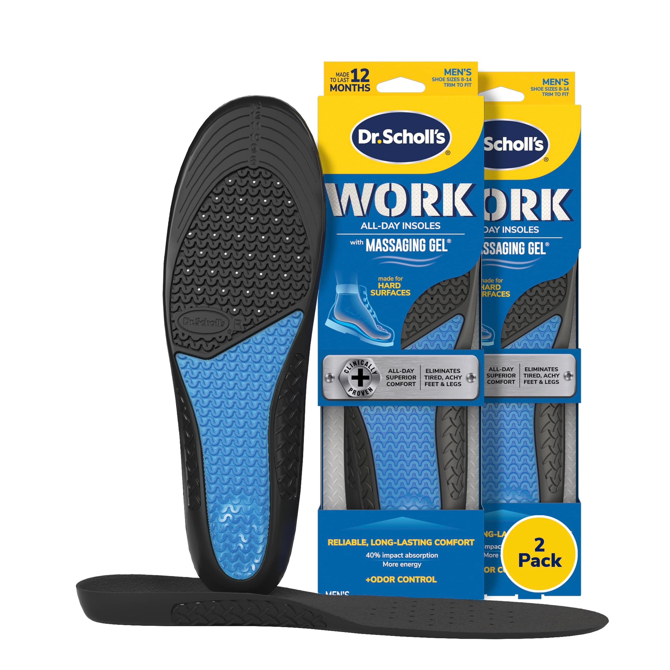 Dr. Scholl's Work Insoles (Pack) // All-Day Shock Absorption and Reinforced Arch Support That Fits in Work Boots and More (for Men's 8-14, Also Available for Women's 6-10) 1 Pair (Pack of 2) 2 Count