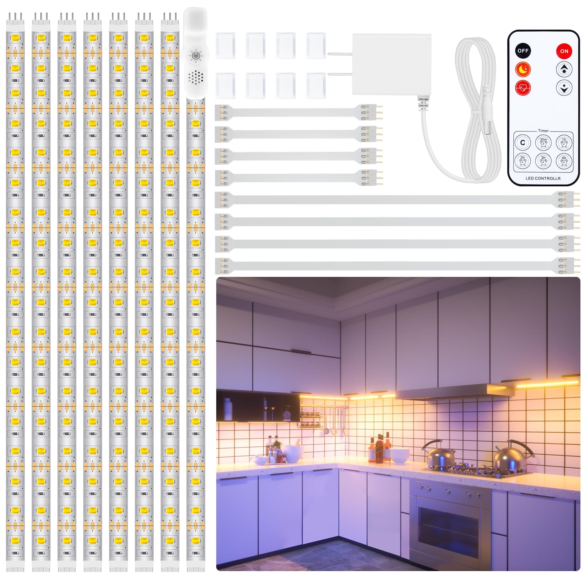LAFULIT Under Cabinet Lighting Kit - 8 PCS 20 Inch Pre-Cut Strips, 2700K Warm White Flexible LED Strip Lights with Remote and Power Adapter for Kitchen Cabinets, Shelf, Desk, Counter - 13ft