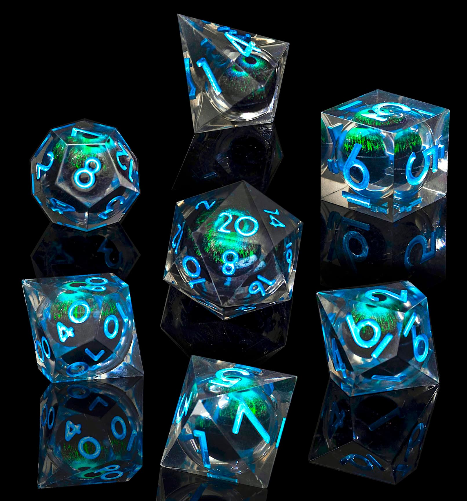 Beholder's Dragon Eye DND Dice Set, Liquid Core Cat Eye Sharp Edged Resin Dice for Dungeons and Dragons,7pcs RPG Polyhedral MTG Role Playing Dice D20 D12 D10 D8 D6 D4 with Gift Box(BlueDark)