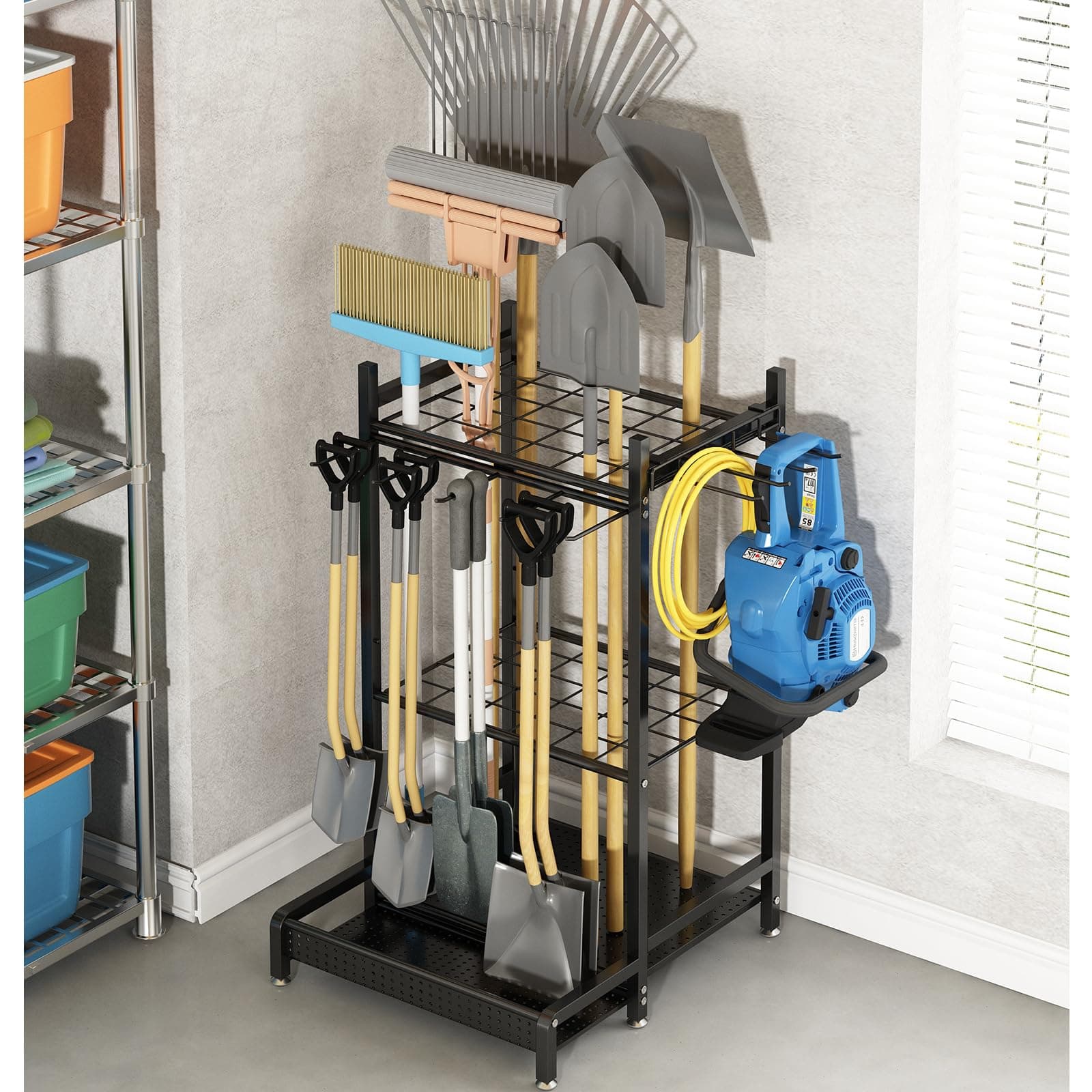 GILLAS Garden Tool Organizer for Garage, Utility Storage Racks with Hooks, Metal Yard Tool Stand Holder Organizer for Long-Handled, Broom, Shovel, Rake, Sturdy Heavy Rack for Outdoor, Yard, Black