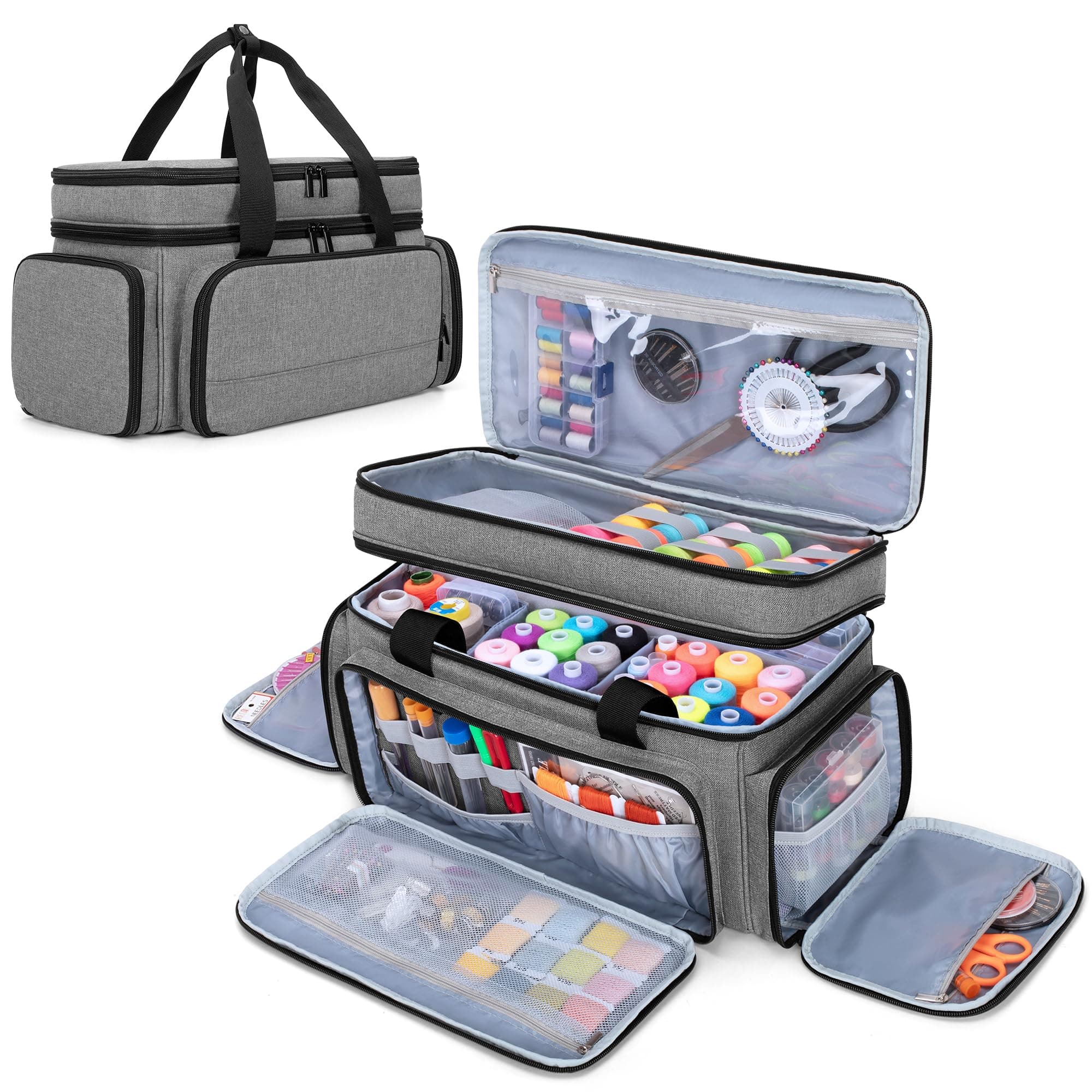 LUXJA Large 2 Layers Sewing Organizer Bag with 5 Detachable Dividers, Sewing Storage Bag for Sewing Supplies (Bag Only), Gray