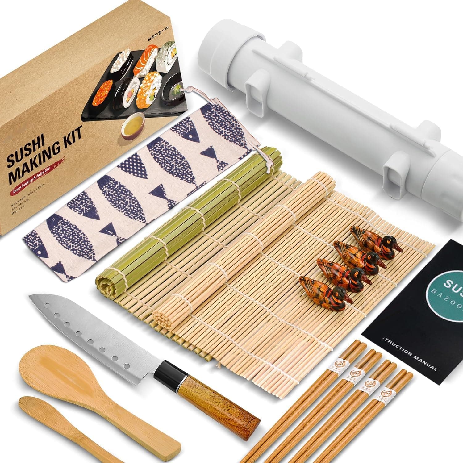 liamasum Sushi Making Kit Sushi Bazooka Maker with Bamboo Mats and Chopsticks, Paddle, Spreader, Sushi Knife, DIY Sushi Roller Machine for Beginners