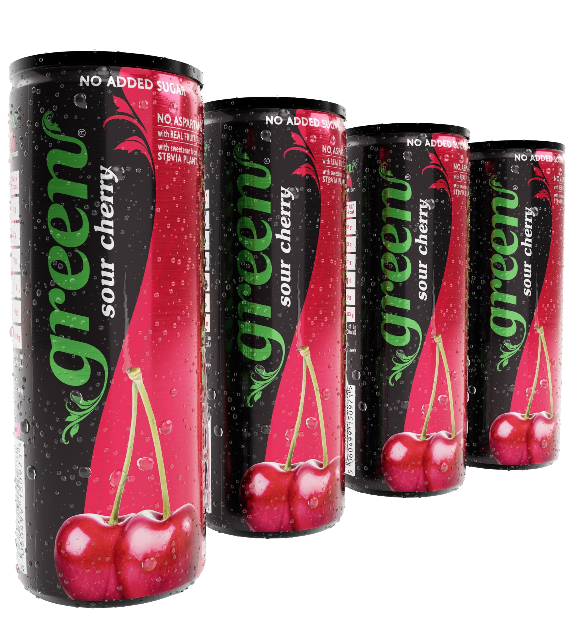 Green Sour Cherry - Low Calorie Soft Drinks - Sparkling Cherry Flavour with 10% Natural Juice - No Added Sugar, Sweetened with Stevia, No Aspartame - Alternative Fizzy Drink - Pack of 4 Cans x 330ml
