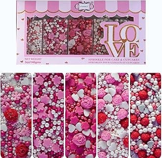 Confect Sprinkle Pink Mini Roses & Lips I Silver Hearts & Vermcelli and White Pearls | Sprinkles for Baking & Cake Decorative | Baby Shower Sprinkles | Vegan, Gluten-Free, Nut-Free, Soy-Free, Dairy-Free -140 Gms