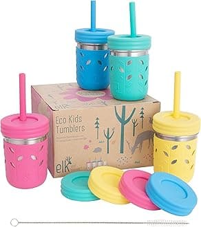 Elk and Friends Stainless Steel 10oz Kids & Toddler Sippy Cups with Silicone Sleeves & Straws, 4-Pack
