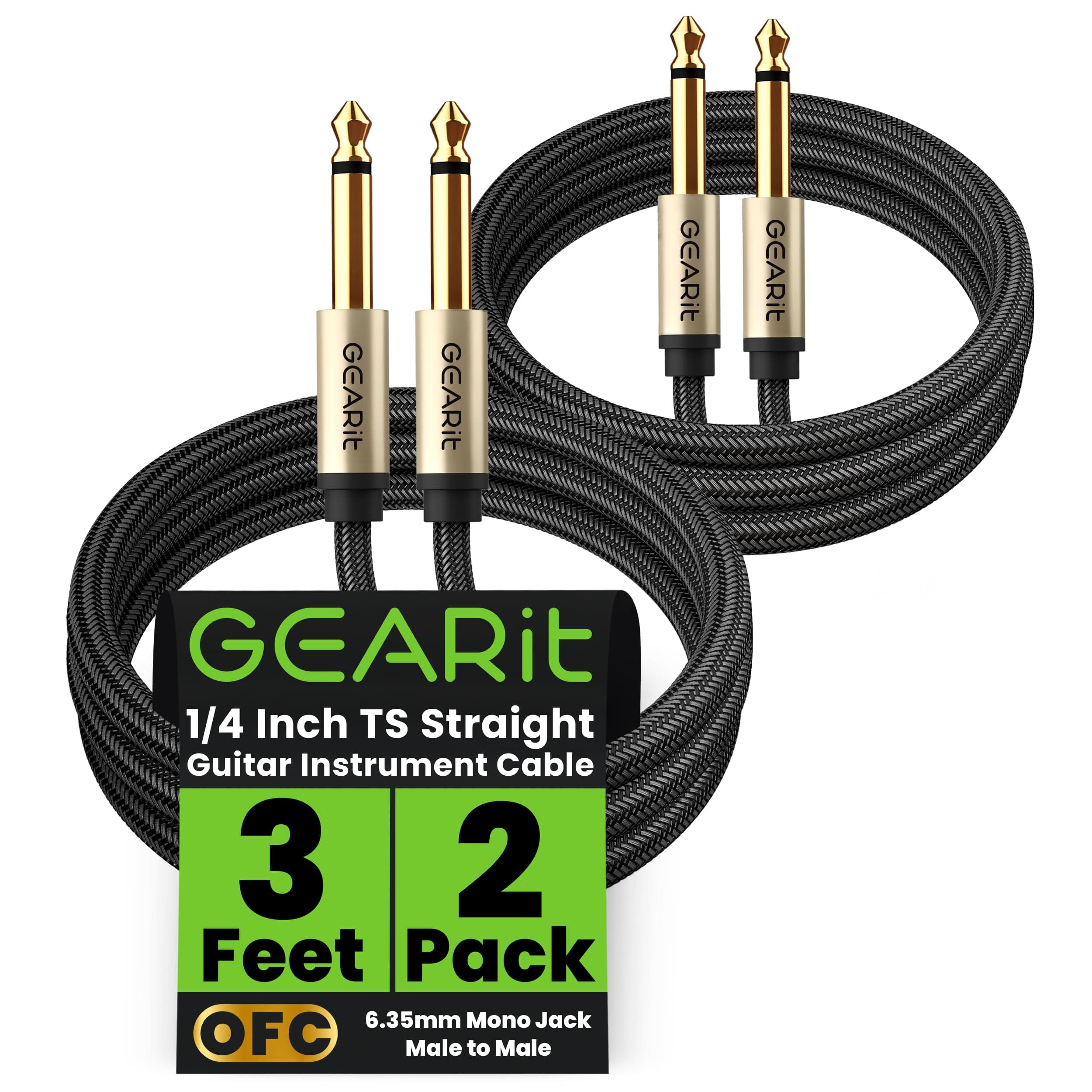 GEARit Guitar Instrument Cable (3ft 2-Pack) 1/4 Inch to 1/4 inch TS Straight Male to Male 6.35mm Mono Jack with Alloy Connector and Nylon Braid
