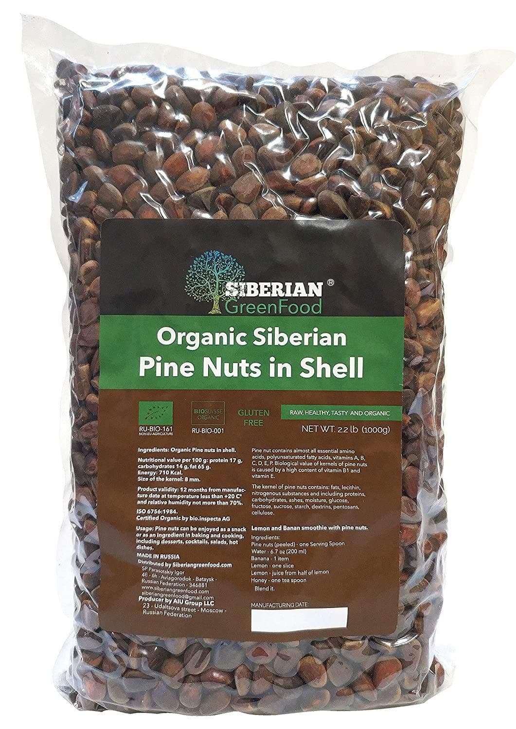 Unpeeled Pine Nuts, Premium Quality 1000gr/35.3oz/2.2lb securely packed by Siberian Green Food