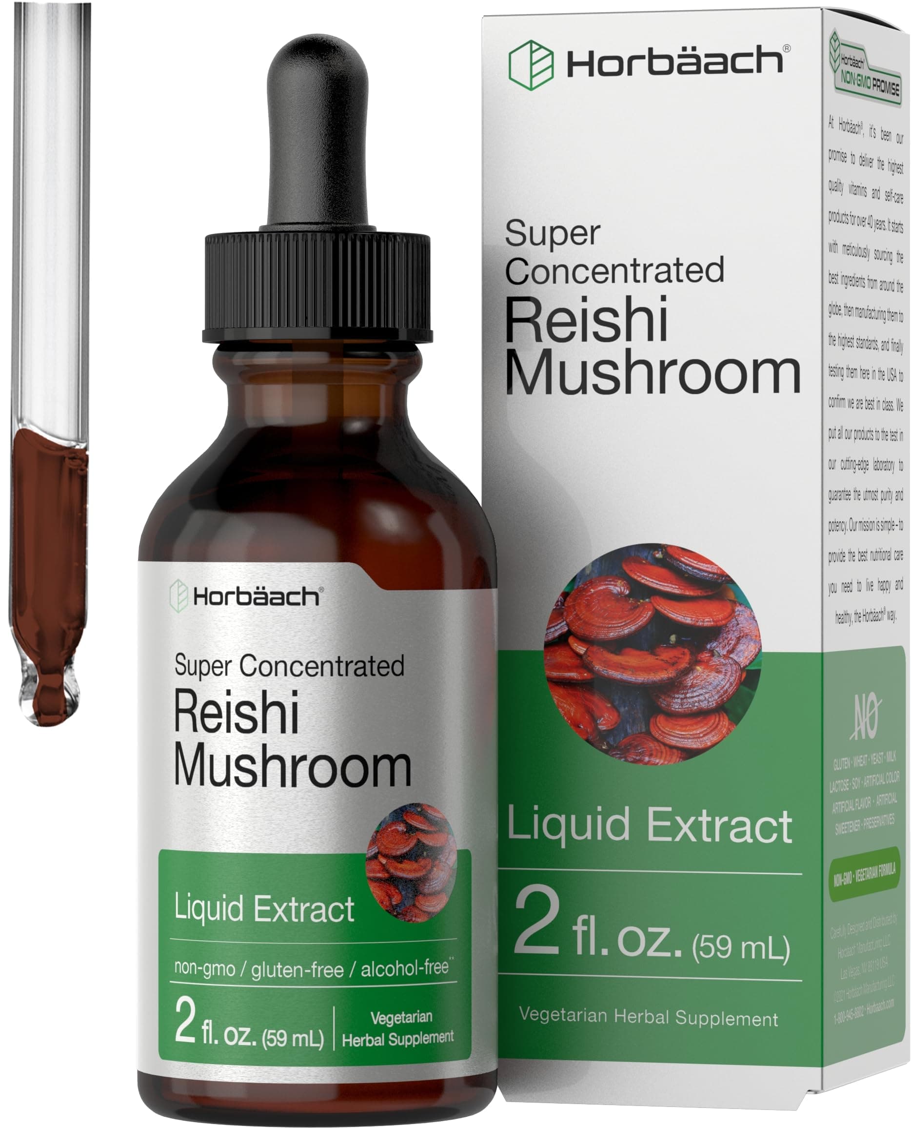 Horbäach Reishi Mushroom Extract Tincture | 2 Fl Oz | Liquid Drops | Ganoderma Lucidum | Vegetarian, Alcohol Free | Non-GMO, Gluten Free Supplement
