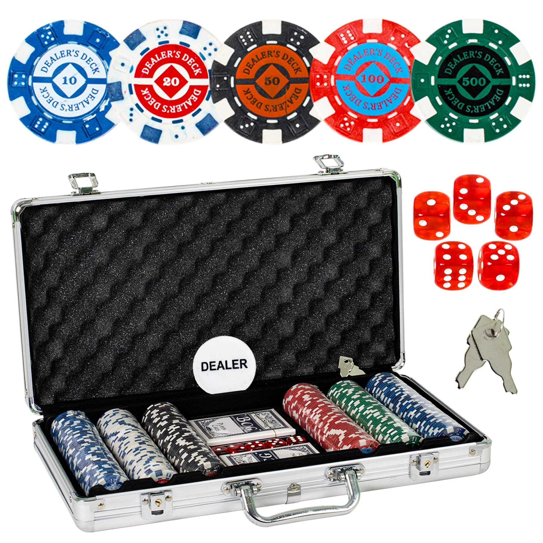 WISHKEY Casino Style Poker Set,300 Pcs Ceramic Printed Denomination Chips with Lockable Aluminum Finish Case,2 Decks of Card Game,5 Dice,1 Dealer Button,2 Keys,Classic Multiplayer Game,14+ Years