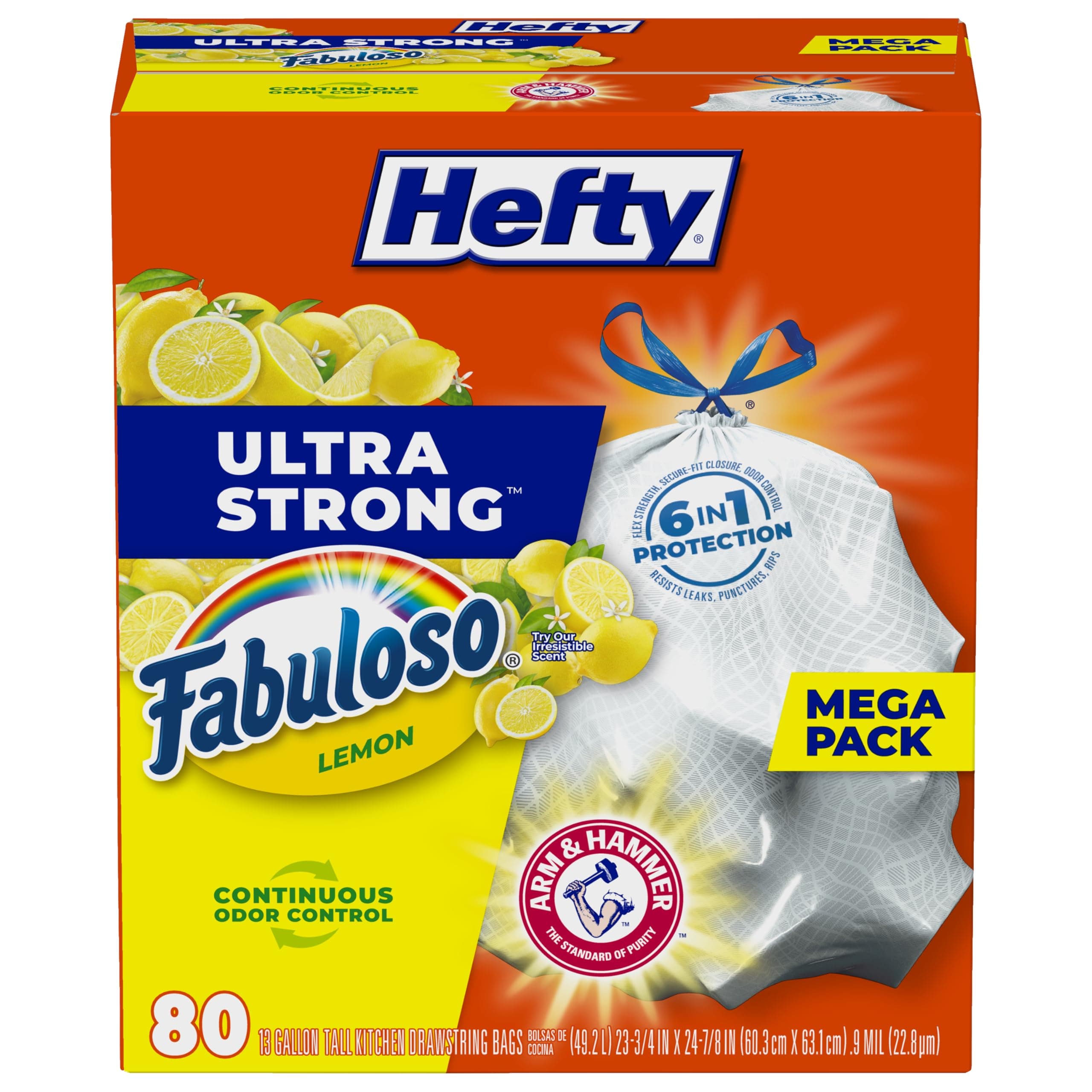 Ultra Strong 13 Gallon Trash Bags, Tall Kitchen Trash Bags 13 Gallon Size, Resist Leaks, Punctures, and Rips, Continuous Odor Control, White, Fabuloso Lemon Scent, 80 Bags