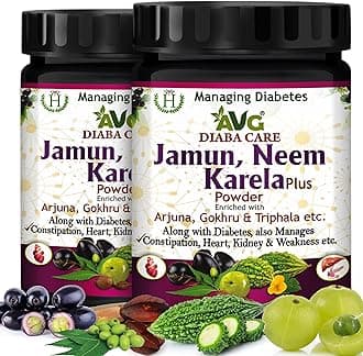 Diabetes Care Jamun, Neem & Karela Plus Powder 200gm Each (Pack of 2) with Arjuna, Gokhru & Triphala for Diabetes and Associated Problems like Constipation, Heart, Kidney Problem &