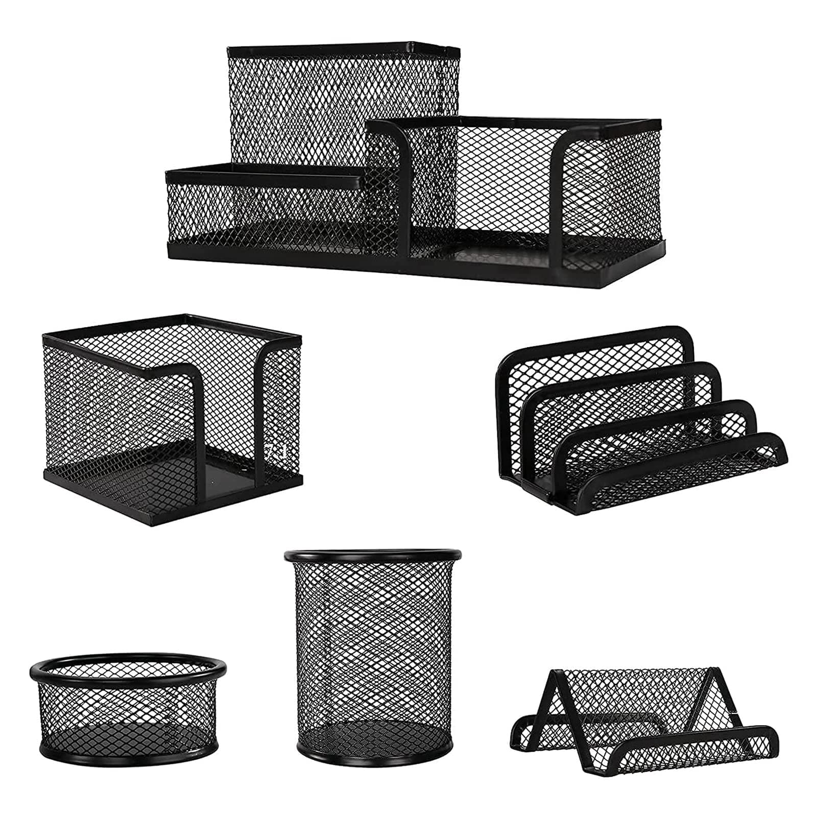X Spring Mesh Desk Organizer Set, 6 Piece Metal Office Supplies Organizer, Accessories Set For Pens, Paper Clips, Sticky Notes, Small Object Storage