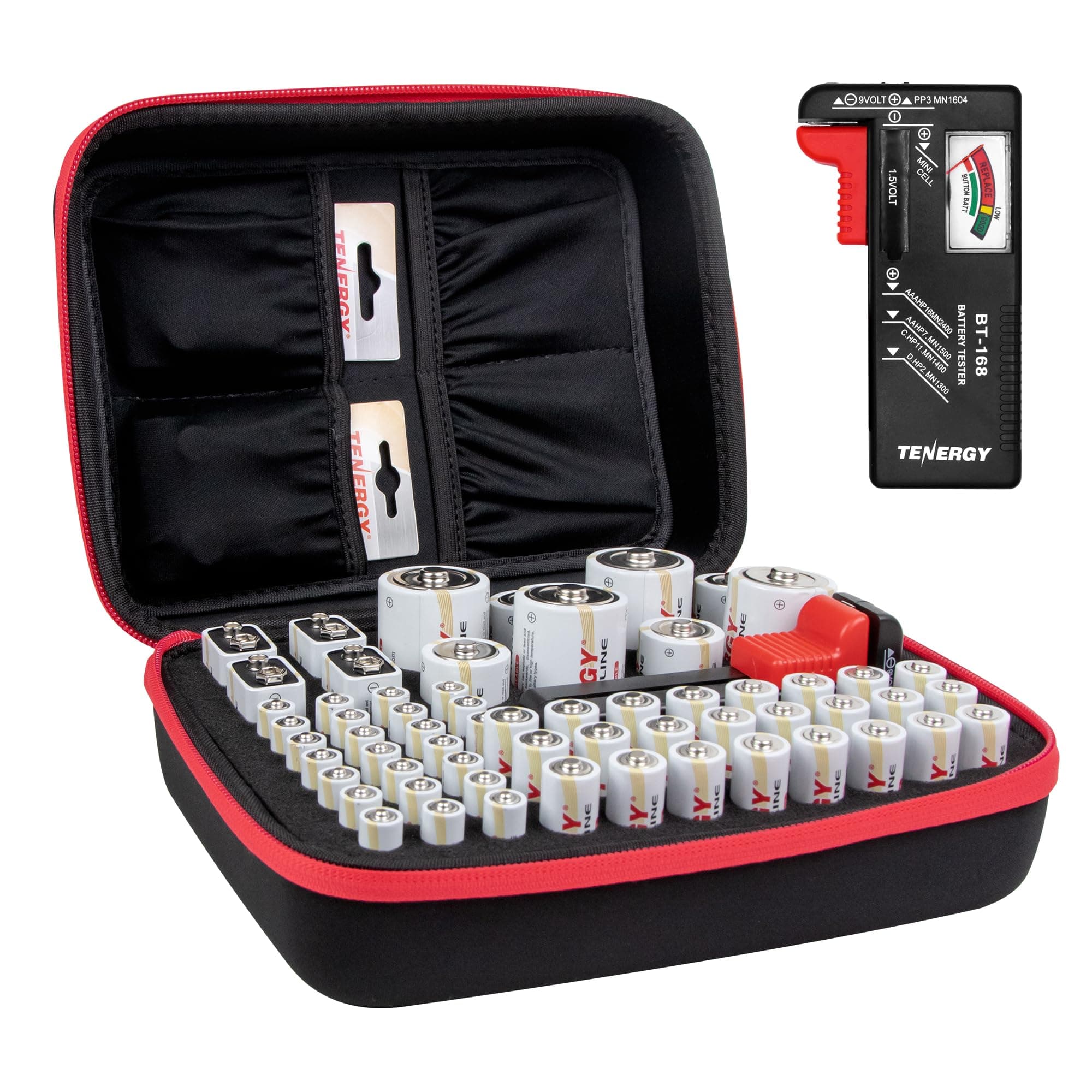Battery Organizer Storage Case with Battery Tester, Holds 60 Batteries AA AAA C D 9V (Batteries not Included)