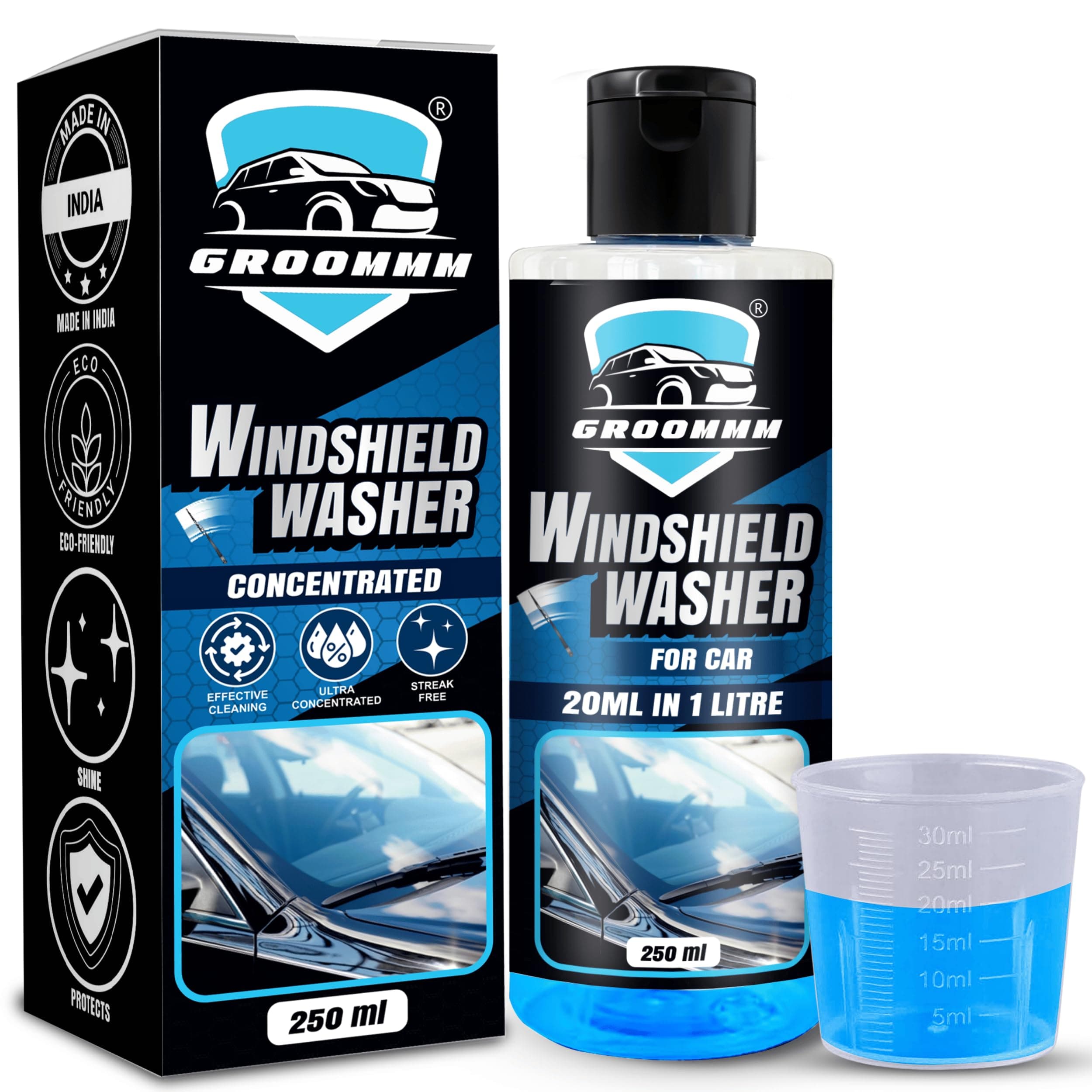 Windshield Washer Fluid For Car 250ML- (20ML in 1L Water) | Highly Concentrated Car Glass Cleaner Liquid For Streak & Stain-Free Windshield | Car Wiper Liquid For Crystal Clear Windshield