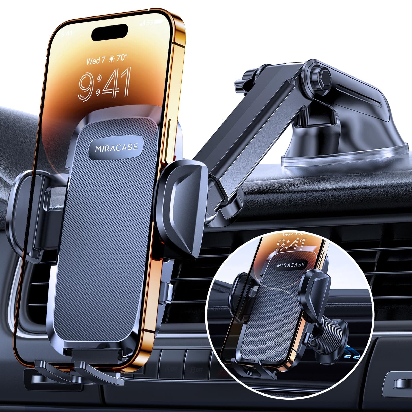 Car Phone Holder,【Super Suction Cup & Ultra Stable Double Steel-Hook】,360° Rotation Multi-Scene Mobile Phone Mount Cradle for Cars，One-Button Release for all 4.5"-7" Smartphone