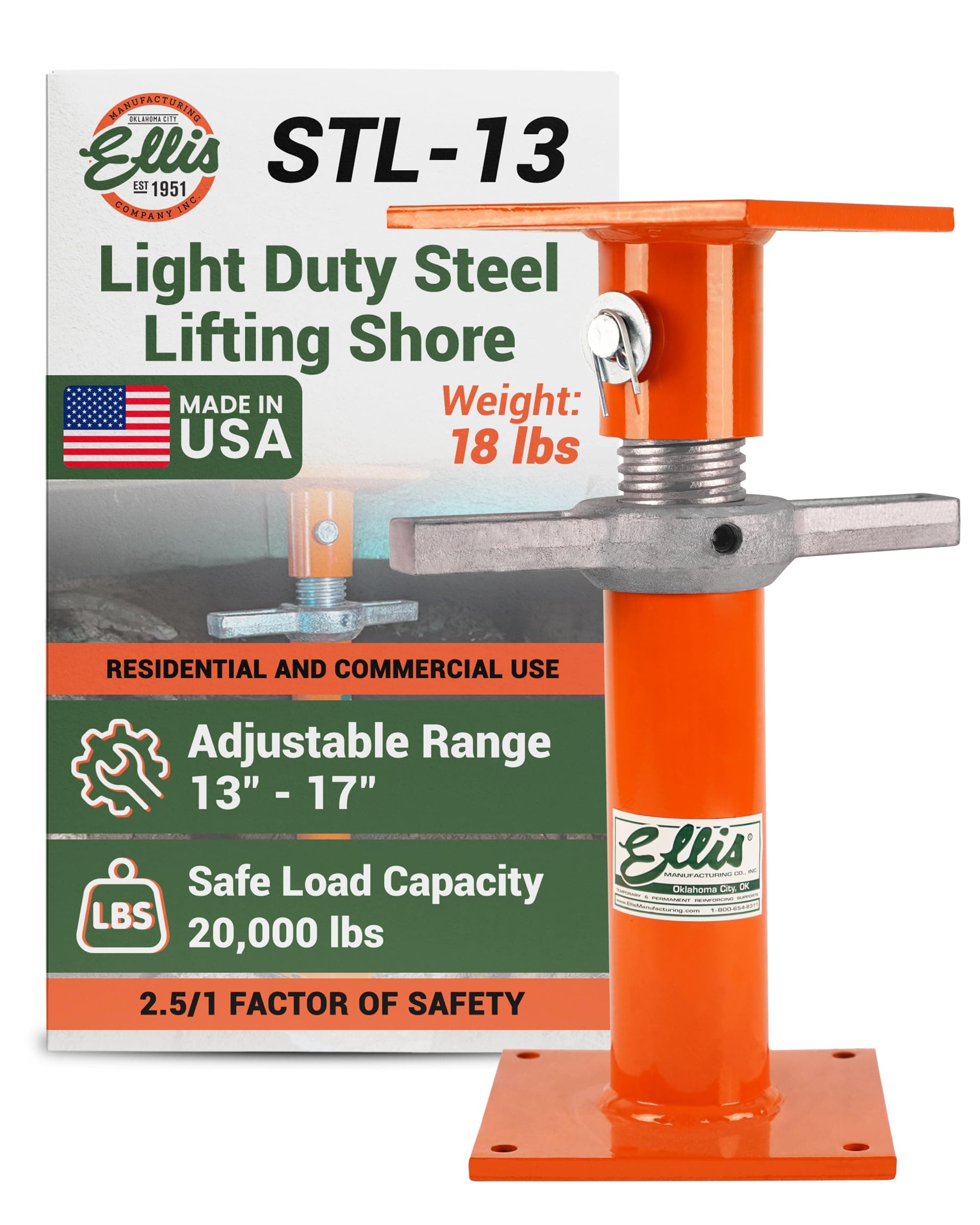 Ellis Manufacturing Light-Duty Steel Construction Jack - Adjustable Screw Jack Post for Floor Leveling, Beams, and Concrete - 20,000 lb Load Capacity - 13"-17" Adjustment, House Jacks for Leveling
