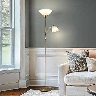 Brightech Sky Dome Plus - Super Bright LED Torchiere & Reading Floor Lamp - Dimmable Modern Standing Pole Lamp for Office, Living Room – Tall Mother-Daughter Lights for Bedroom Lighting – Gold Brass