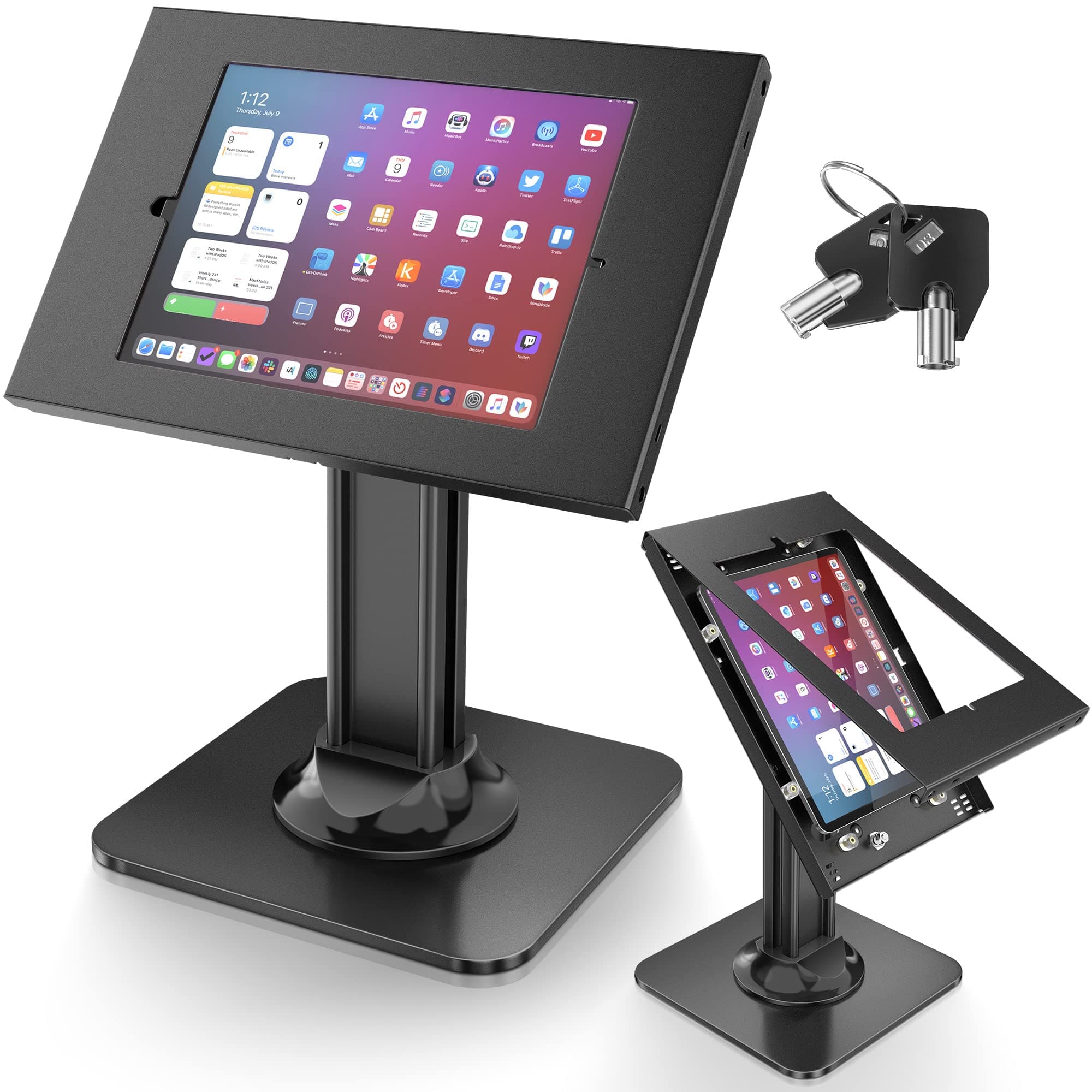 Anti-Theft iPad Kiosk Stand – POS iPads Security Mount with 360° Swivel & 75° Tilt, Heavy Duty Tablet Kiosk Desk Holder for Retail & Business (Black, 9.7"/10.2"/10.5" iPad)