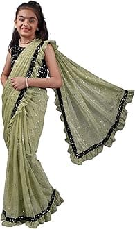 Kids Girls Lycra Blend Saree With Unstitched Sequence Blouse Piece (3-4 yrs to 11-12 yrs) (Pista, 10-11 Years - XL)