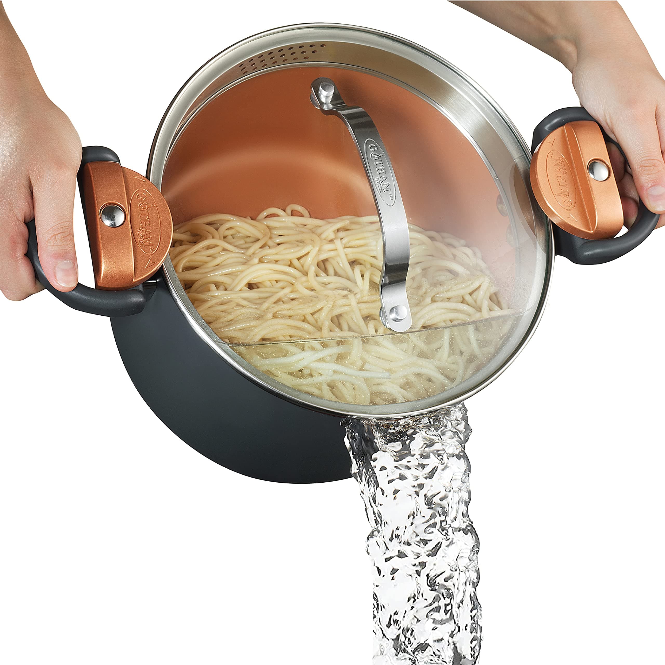 Pasta Pot with Patented Built in Strainer with Twist N' Lock Handles, Nonstick Ti-Cerama Copper Coating by Chef Daniel Green, 5 Quart
